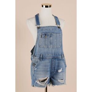 Sz S Abercrombie & Fitch Light-Medium Wash Distressed Cotton Shortall Overalls